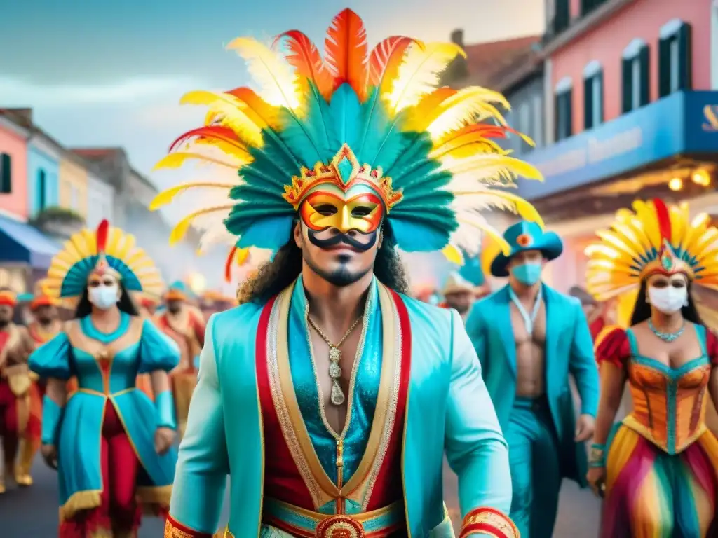 Carnaval de Uruguay: Fusión de tradición y tecnología en trajes vibrantes Deslumbrante carnaval en Uruguay con tecnología en trajes de carnaval, fusionando tradición y modernidad en un desfile mágico