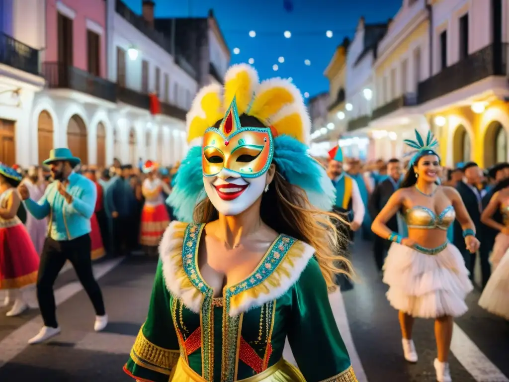Deslumbrante carnaval uruguayo: baile, música y alegría bajo el cielo estrellado Deslumbrante carnaval uruguayo: coloridos bailarines, música animada y espectadores felices bajo un cielo estrellado
