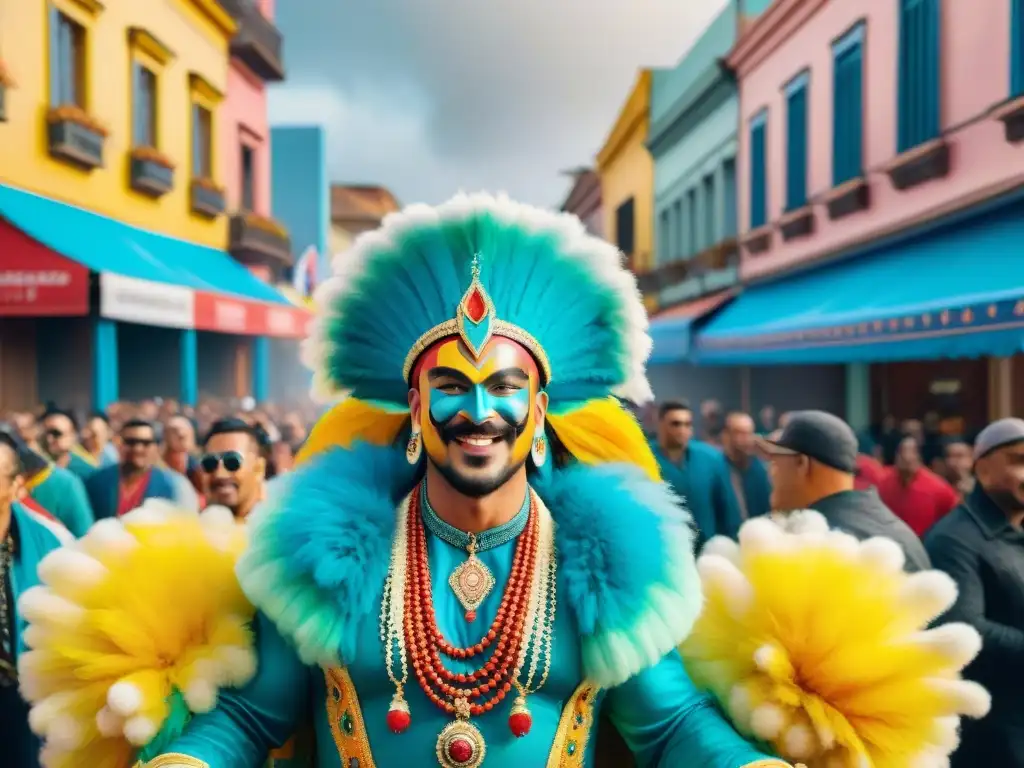 Carnaval Uruguayo: Fiesta de colores y alegría en la calle Deslumbrante ilustración de Carnaval Uruguayo con coloridos desfiles y arquitectura tradicional