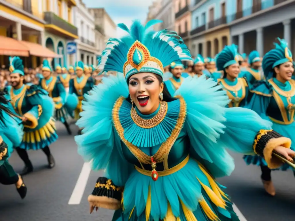 Deslumbrante ilustración acuarela del Carnaval Uruguayo, con danzantes, músicos y espectadores