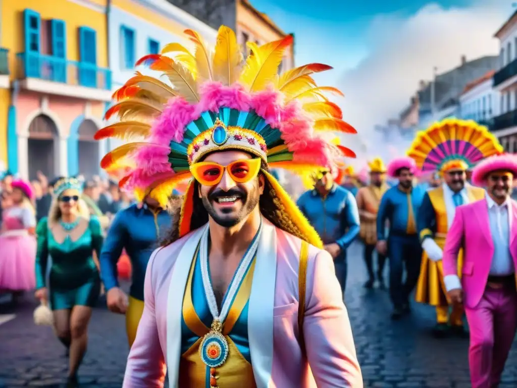 Carnaval en Uruguay: Desfile colorido y vibrante Deslumbrante Carnaval Uruguayo: desfile colorido con danzas, música y edificios históricos en calles empedradas