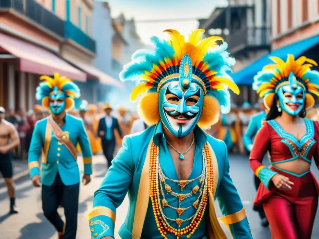 Deslumbrante Carnaval en Uruguay: colores, baile y alegría Deslumbrante Carnaval Uruguayo: desfile festivo con coloridos trajes y máscaras, música alegre y comunidad celebrando juntos