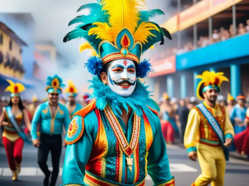 Deslumbrante desfile de Carnaval en Uruguay Deslumbrante Carnaval Uruguayo: desfile colorido y dinámico en las calles, con carros alegóricos, bailarines y arquitectura tradicional