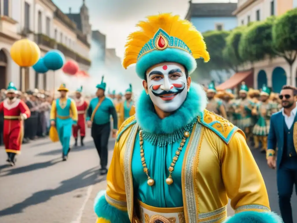Carnaval en Uruguay: Desfile vibrante y colorido Deslumbrante Carnaval Uruguayo con impacto ambiental: trajes coloridos, carrozas alegres y bailarines felices en vibrante desfile urbano