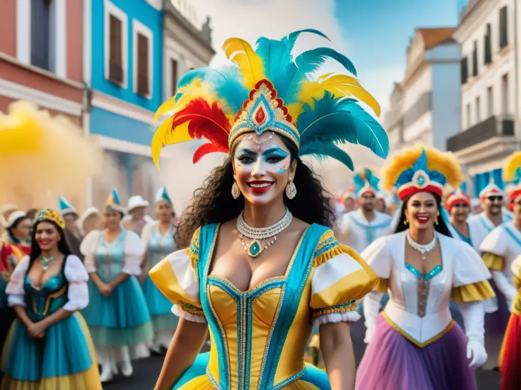 Deslumbrante desfile del Carnaval Uruguayo: tradición y alegría Deslumbrante ilustración acuarela del Carnaval Uruguayo: lujo, celebración y estilo en vibrante desfile