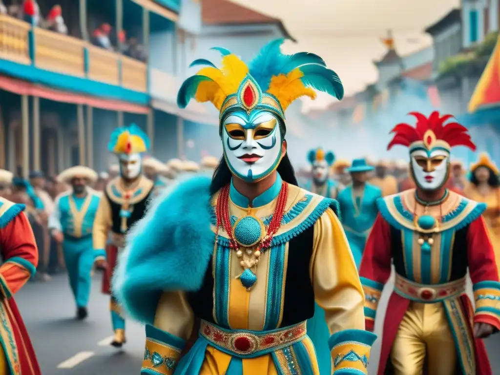 Detallada pintura acuarela de carnaval uruguayo con máscaras vibrantes Deslumbrante carnaval uruguayo con máscaras vibrantes y simbolismo cultural