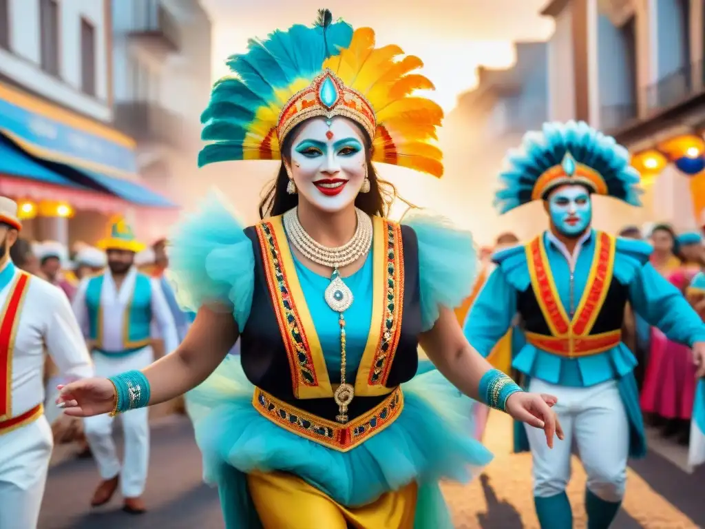 Deslumbrante carnaval uruguayo: fusión de tradición y tecnología Deslumbrante Carnaval Uruguayo con tecnología integrada en trajes y carrozas, danzantes alegres y multitud festiva
