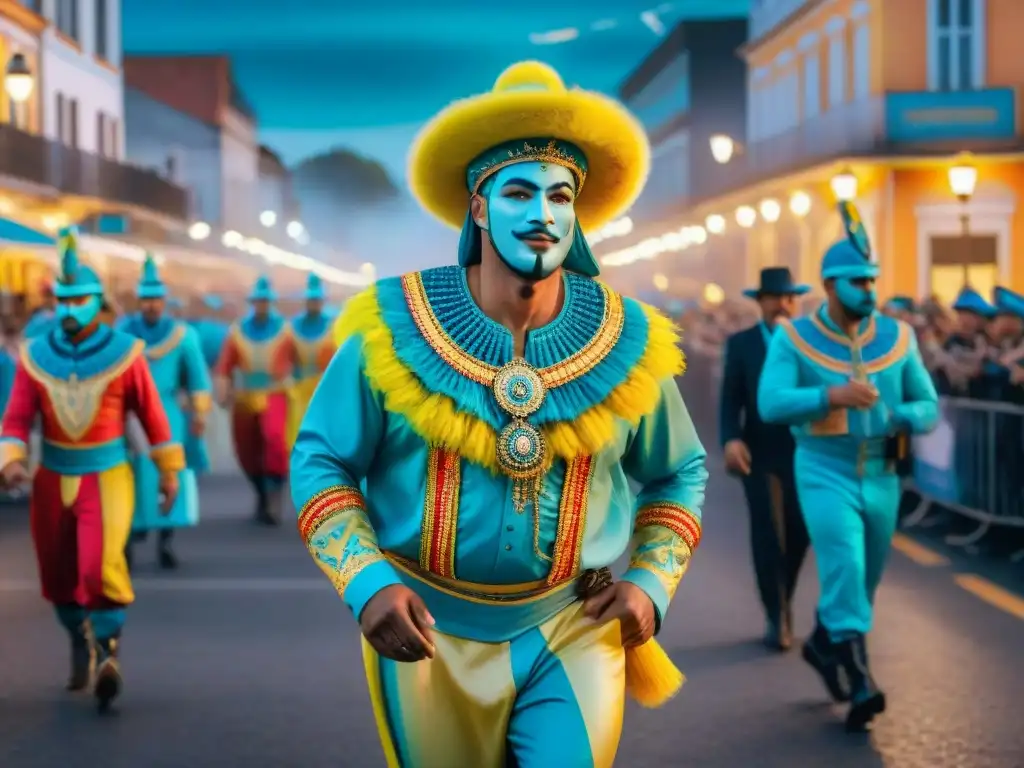 Desfile de Carnaval en Uruguay: tradición y tecnología en acuarela Deslumbrante Carnaval uruguayo fusiona tecnología en desfile vibrante con floats y danzas en trajes tradicionales