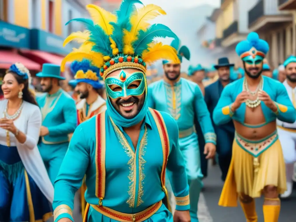 Deslumbrante Carnaval en Uruguay: vibrante ilustración acuarela Deslumbrante Carnaval Uruguayo con trajes coloridos y música tradicional, paquetes familiares