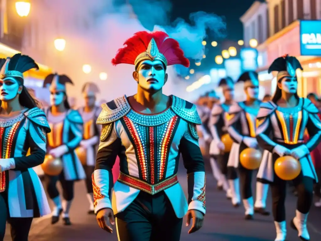 Deslumbrante Carnaval Uruguayo: Tradición y Tecnología Deslumbrante Carnaval Uruguayo transformado en espectáculo digital con luces LED y proyecciones digitales, fusionando tradición y tecnología