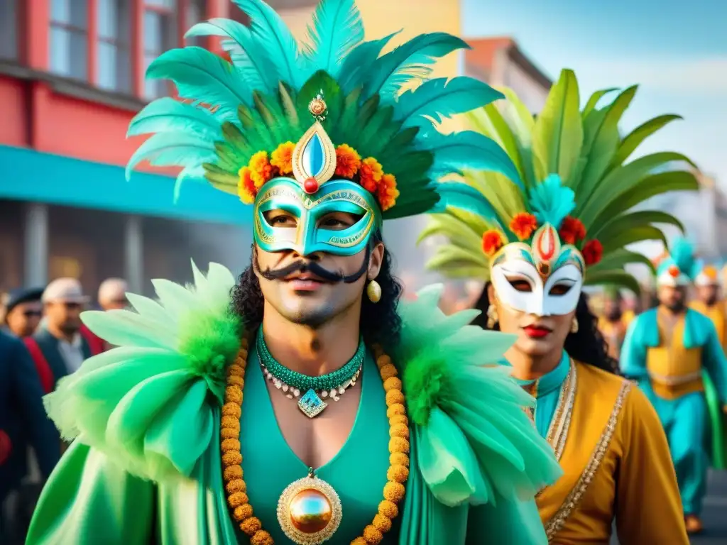 Desfile ecológico en el Carnaval de Uruguay Deslumbrante Carnaval Uruguayo con vestuario sostenible y coloridas máscaras en vibrante desfile