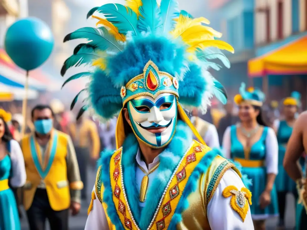 Deslumbrante comparsa uruguaya en Carnaval Deslumbrante comparsa del Carnaval Uruguayo: coloridos trajes, plumas, y máscaras en un desfile lleno de energía y cultura