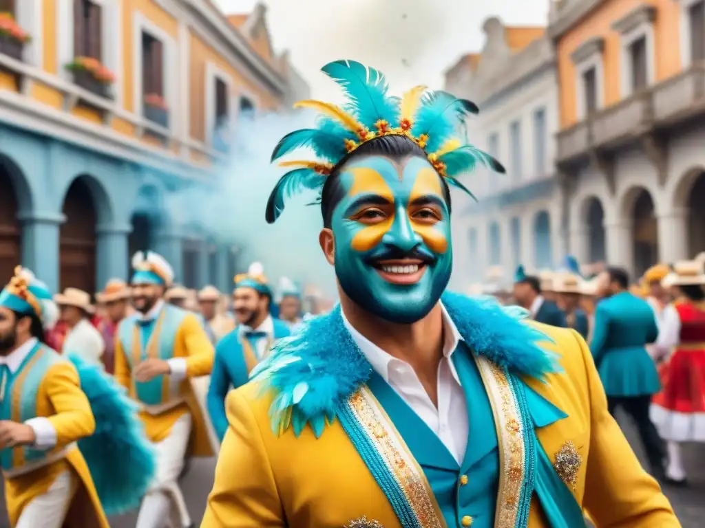 Deslumbrante comparsa de carnaval uruguayo Deslumbrante comparsa uruguaya en carnaval, con vibrantes colores y danzas alegres, reflejando el impacto tecnológico en comparsas uruguayas