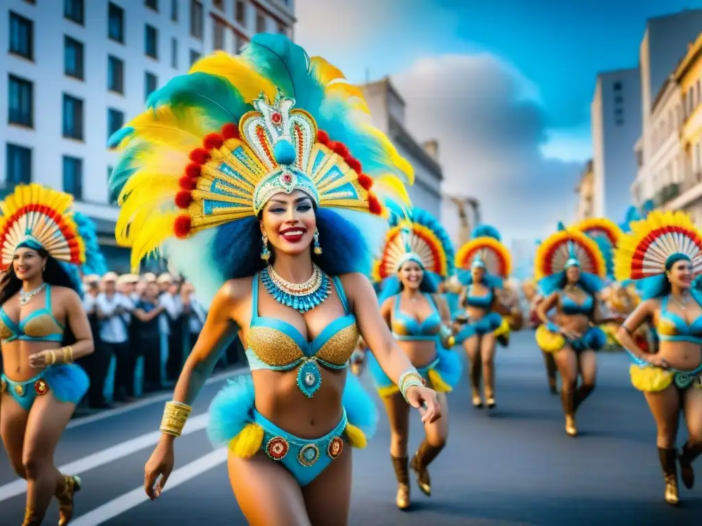 Deslumbrante comparsa de carnaval en Uruguay: tradición e innovación Deslumbrante comparsa uruguaya: tradición e innovación bailan bajo los rascacielos