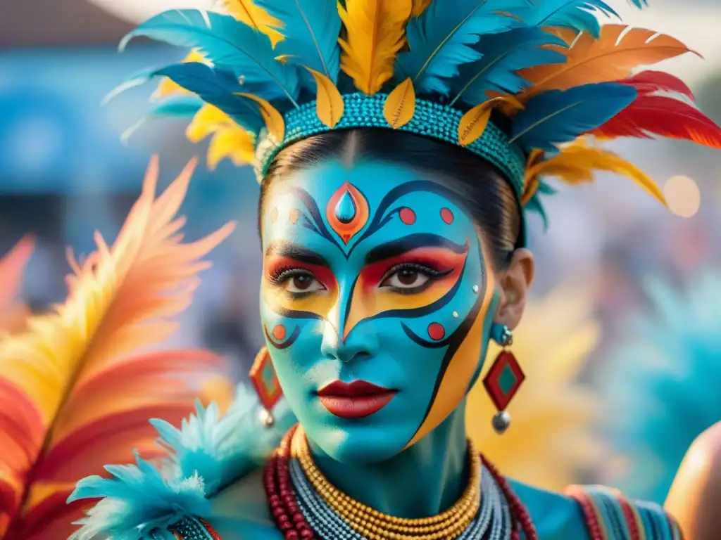 Deslumbrante pintura acuarela de carnavales en Uruguay Un deslumbrante cuadro de acuarela de artistas de body painting en Uruguay, con diseños intrincados y vibrantes