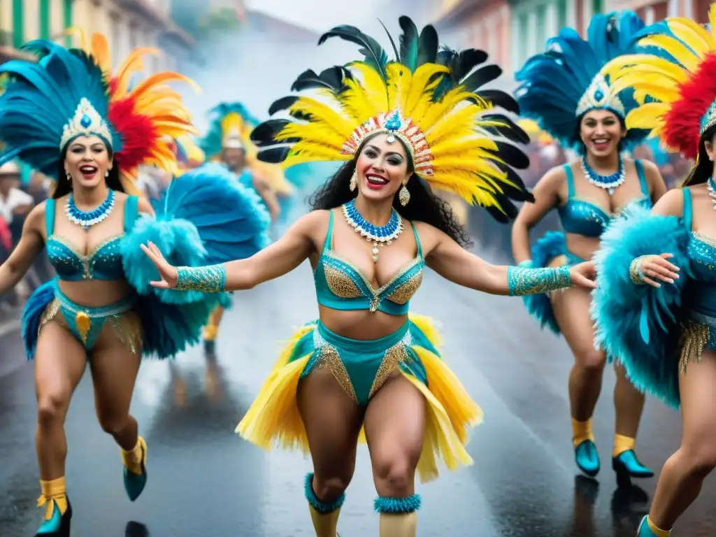 Intensa danza de carnaval uruguayo: colores y pasión Un deslumbrante cuadro acuarela que captura la historia y la danza del carnaval uruguayo con energía vibrante