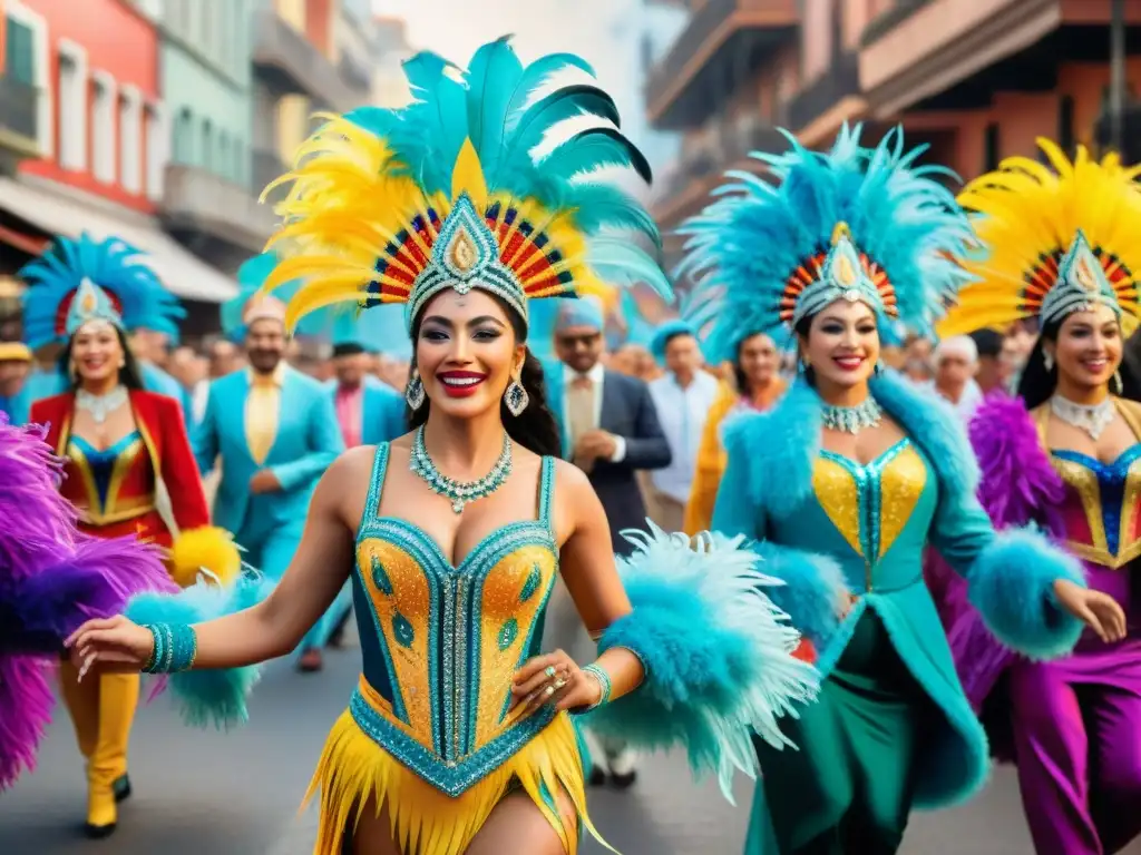Deslumbrante desfile de danzarines en el Carnaval Uruguayo Deslumbrante desfile de bailarines en el Carnaval Uruguayo, con vestuarios llenos de plumas, lentejuelas y bordados