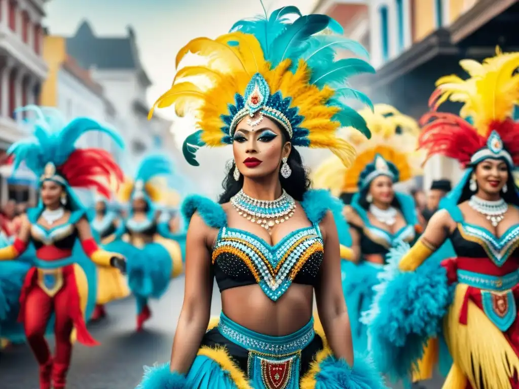 Deslumbrante desfile de Carnaval con danza y colorido Deslumbrante desfile de bailarines en exquisitos trajes de Carnaval, fusionando diseño uruguayo e internacional