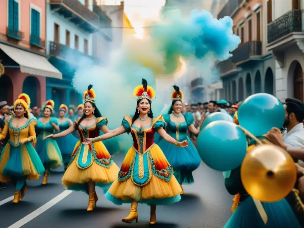 Carnaval Uruguayo: desfile colorido y alegre Deslumbrante desfile callejero del Carnaval Uruguayo, con carrozas, trajes coloridos y bailarines alegres, en una ilustración acuarela