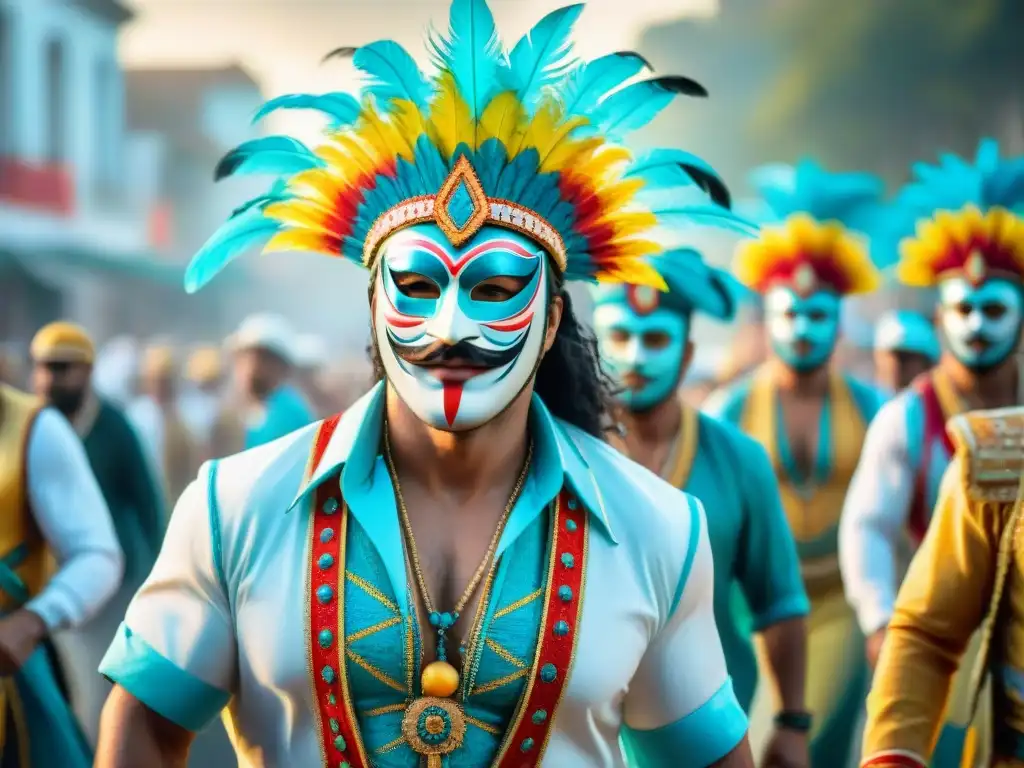 Deslumbrante Carnaval en Uruguay: Ilustración acuarela detallada en 8K Deslumbrante desfile de Carnaval en Uruguay con adaptaciones únicas para extranjeros