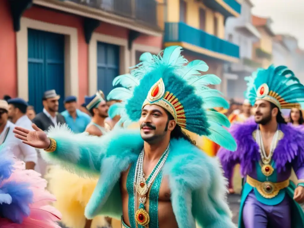 Carnaval en Uruguay: Desfile de colores y alegría Deslumbrante desfile de Carnaval en Uruguay con bailarines y arquitectura tradicional, ¡Marketing de influencers Carnaval Uruguayo!