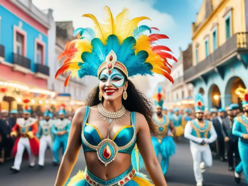 Deslumbrante desfile de carnaval en Uruguay Deslumbrante desfile de carnaval en Uruguay, con bailarines y trajes exuberantes