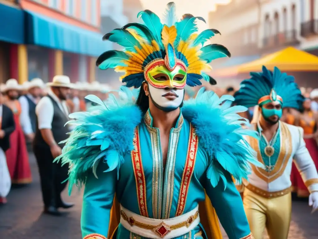 Deslumbrante desfile de carnavales en Uruguay Deslumbrante desfile de carnaval en Uruguay, con bailarines y espectadores en un entorno festivo