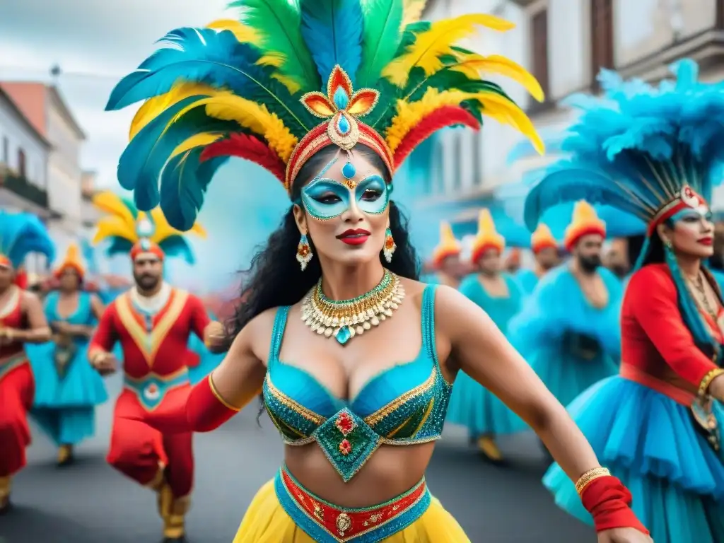 Deslumbrante Carnaval en Uruguay: baile, música y colorido parade Deslumbrante desfile de Carnaval en Uruguay con bailarines, músicos y coloridas carrozas