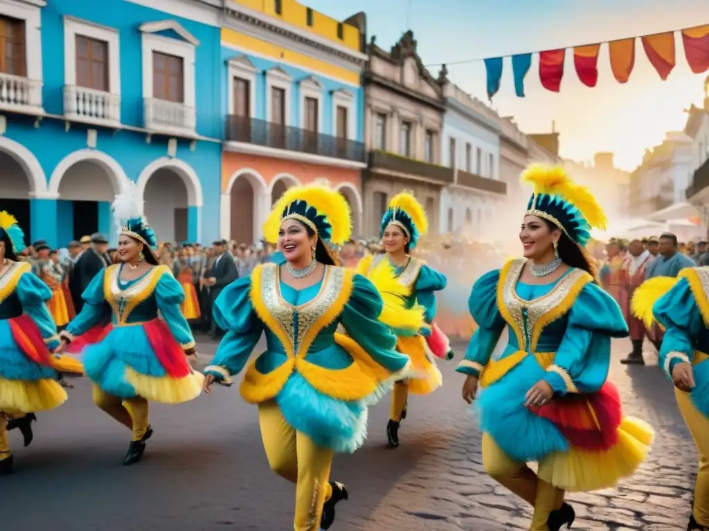 Carnaval uruguayo: danza y color en pintura acuarela Deslumbrante desfile de carnaval en Uruguay 2023, con bailarines coloridos y música tradicional bajo el atardecer cálido