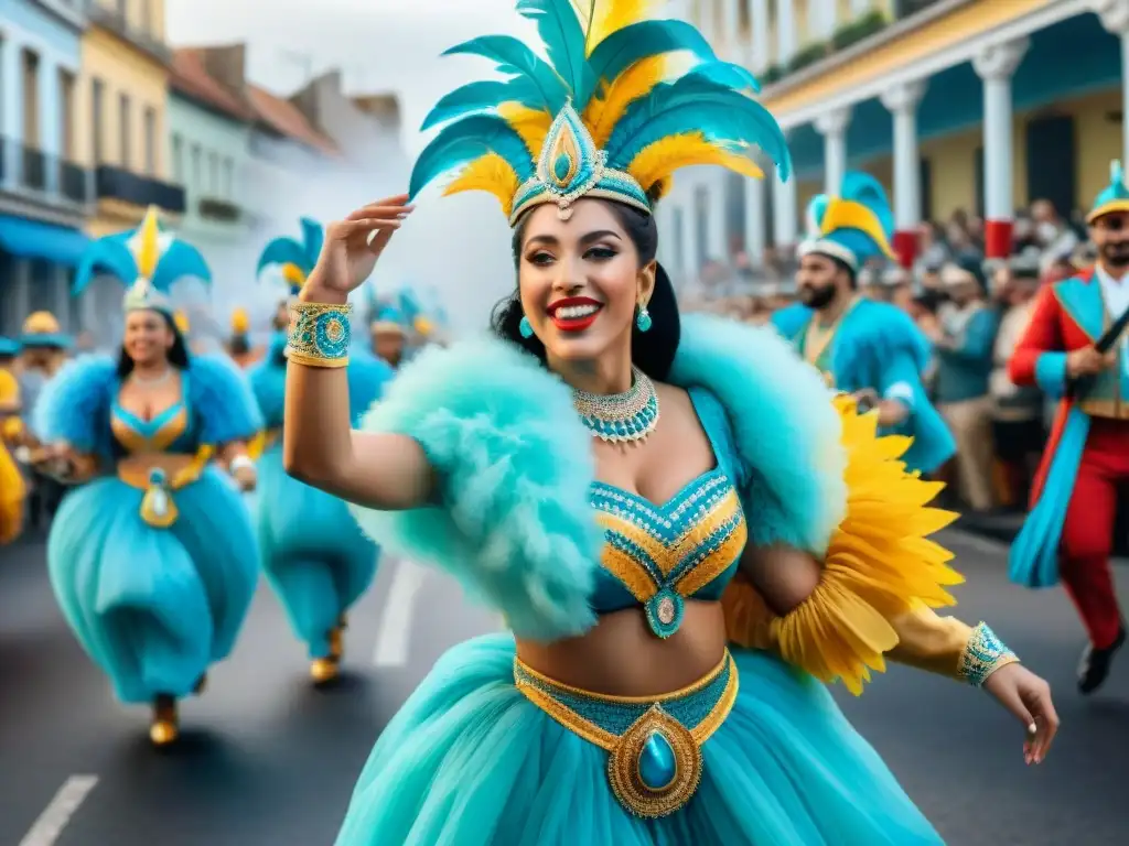Desfile vibrante del Carnaval en Uruguay: alegría y color Deslumbrante desfile de Carnaval en Uruguay, con bailarines, músicos y espectadores disfrutando de la vibrante celebración