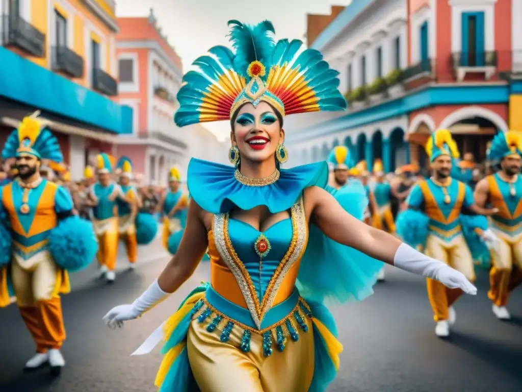Carnaval Uruguayo: Desfile colorido y festivo Deslumbrante desfile de carnaval en Uruguay con bailarines, músicos y espectadores celebrando Email marketing Carnaval Uruguayo