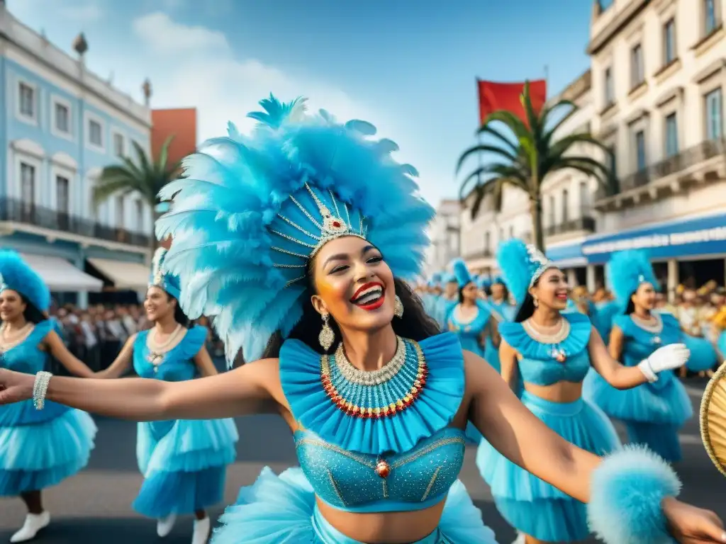 Desfile vibrante en Uruguay: Carnaval colorido con música y baile Deslumbrante desfile de carnaval en Uruguay, con bailarines y músicos en trajes coloridos, espectadores animados y decoraciones festivas