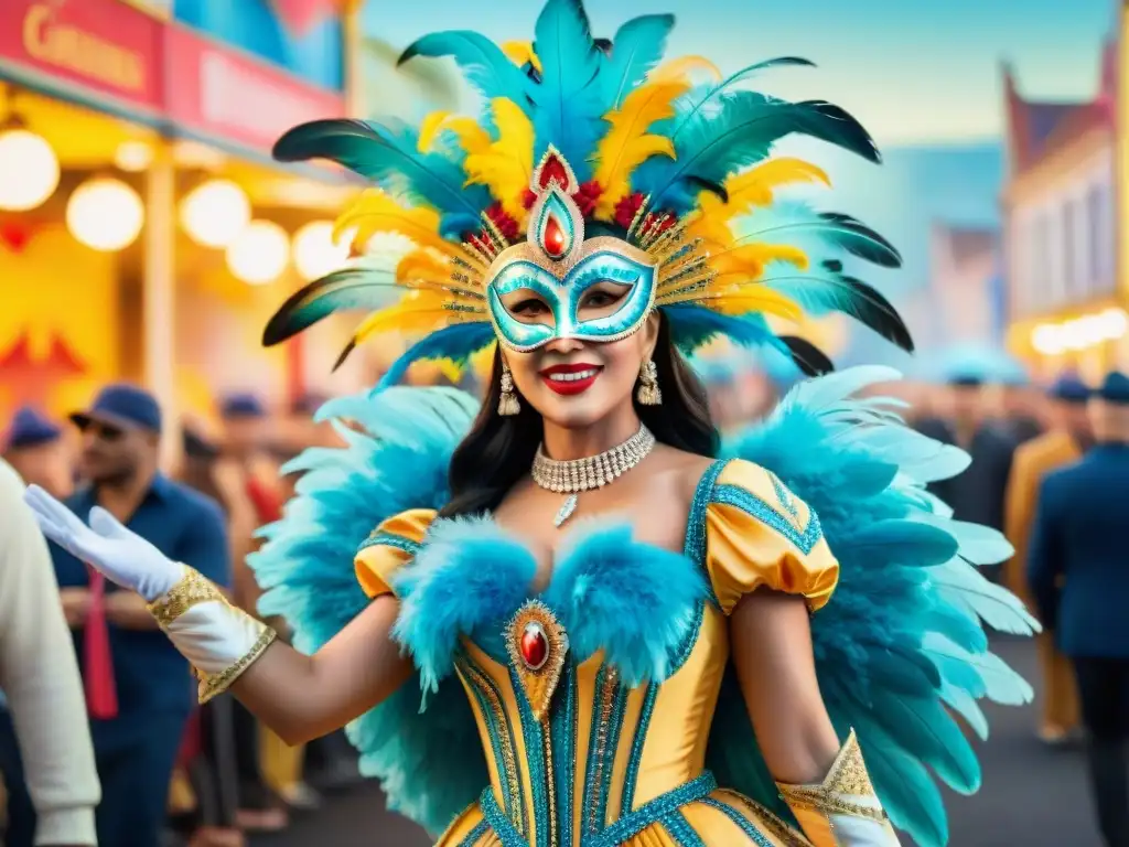 Pintura acuarela de vibrante desfile de Carnaval Deslumbrante desfile de Carnaval con bailarines y trajes coloridos