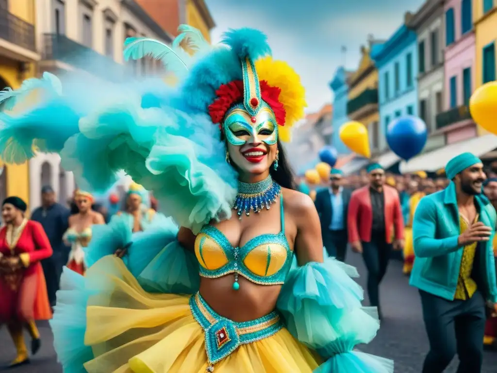 Deslumbrante Carnaval en Uruguay: danza, música y alegría Deslumbrante desfile de Carnaval en Uruguay, con carrozas, bailarines y músicos