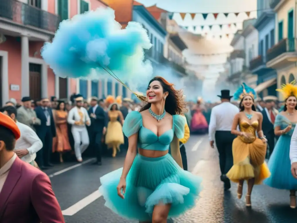 Desfile vibrante de Carnaval en Uruguay: caos y armonía Deslumbrante desfile de Carnaval en Uruguay con carrozas, danzarines y espectadores celebrando en un caótico, armonioso y colorido escenario