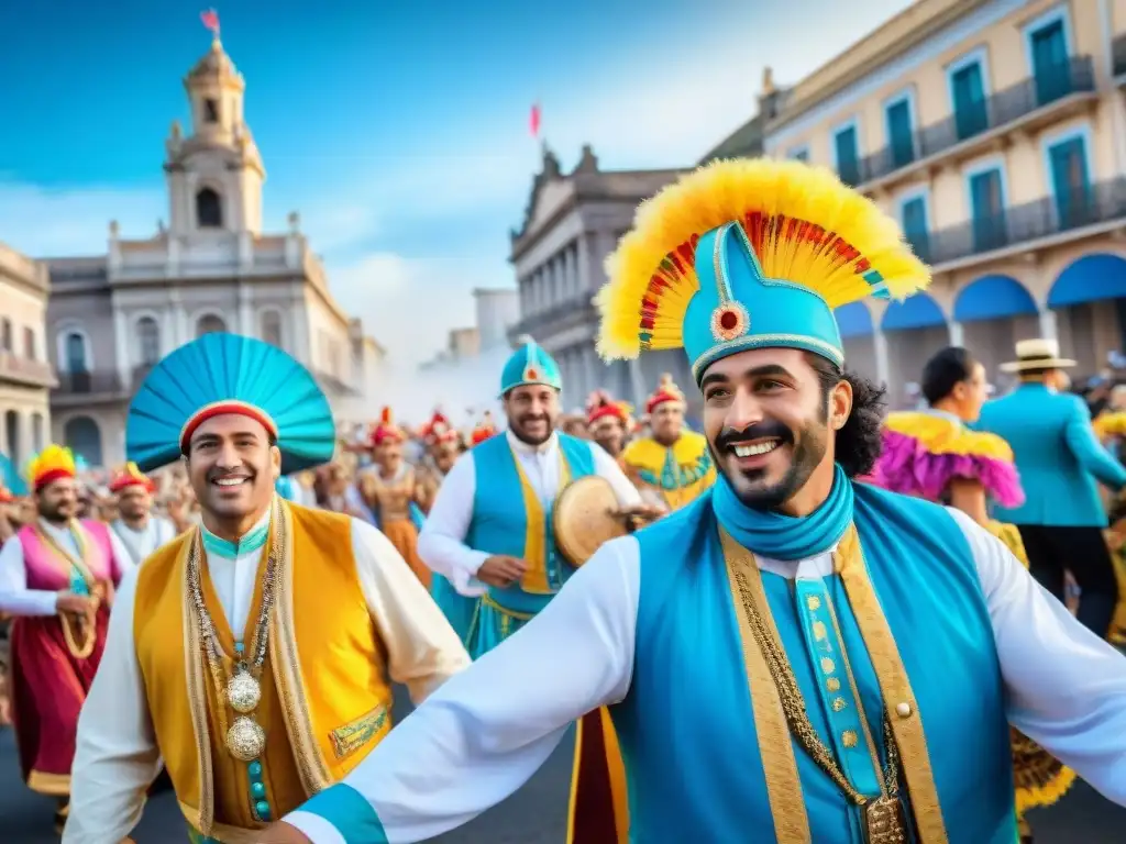 Carnaval en Uruguay: Colorida celebración llena de vida Deslumbrante desfile de Carnaval en Uruguay, con colores vibrantes y alegría contagiosa, ideal para estrategias de marketing en Carnaval Uruguayo