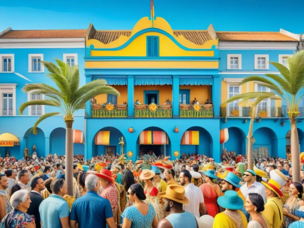 Desfile de Carnaval en Uruguay: Colorida celebración bajo el cielo azul Deslumbrante desfile de carnaval en Uruguay: coloridas carrozas, bailarines y espectadores felices bajo el cielo azul