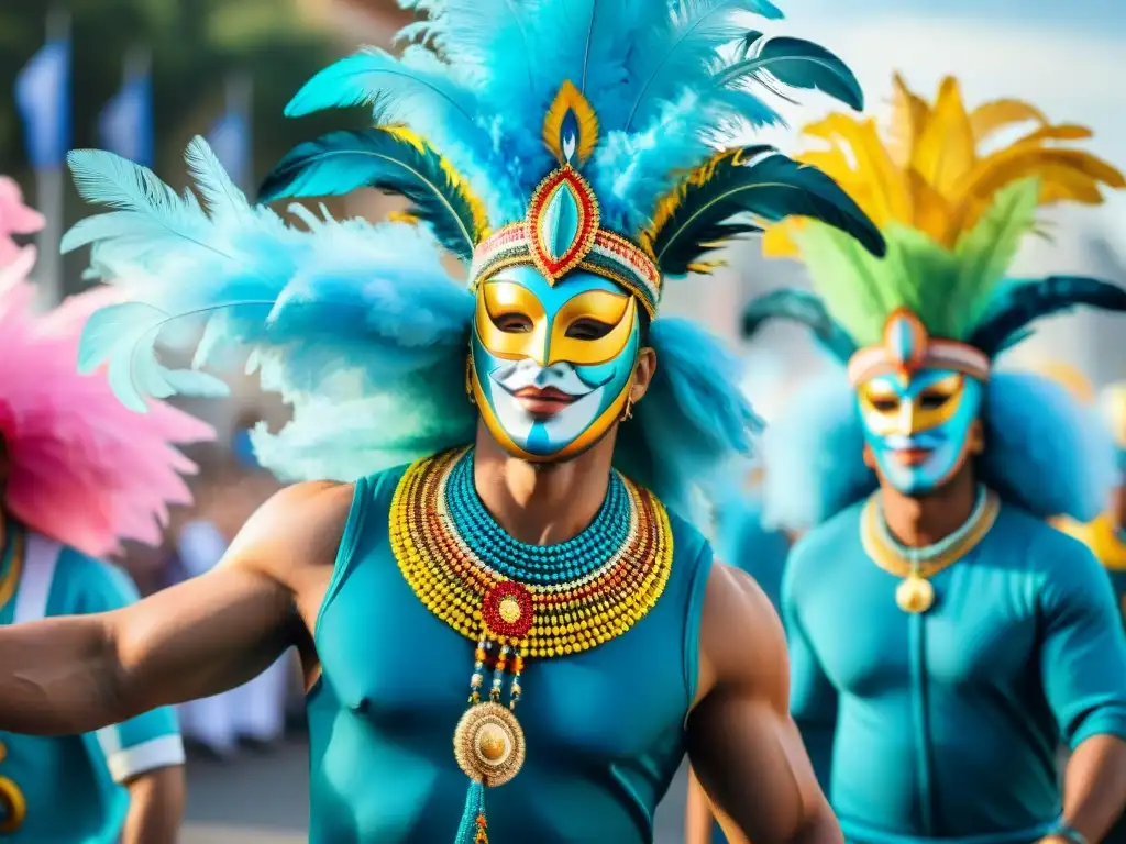 Carnaval en Uruguay: Colorida y vibrante celebración festiva Deslumbrante desfile de Carnaval en Uruguay con coloridos trajes y músicos, danzantes alegres