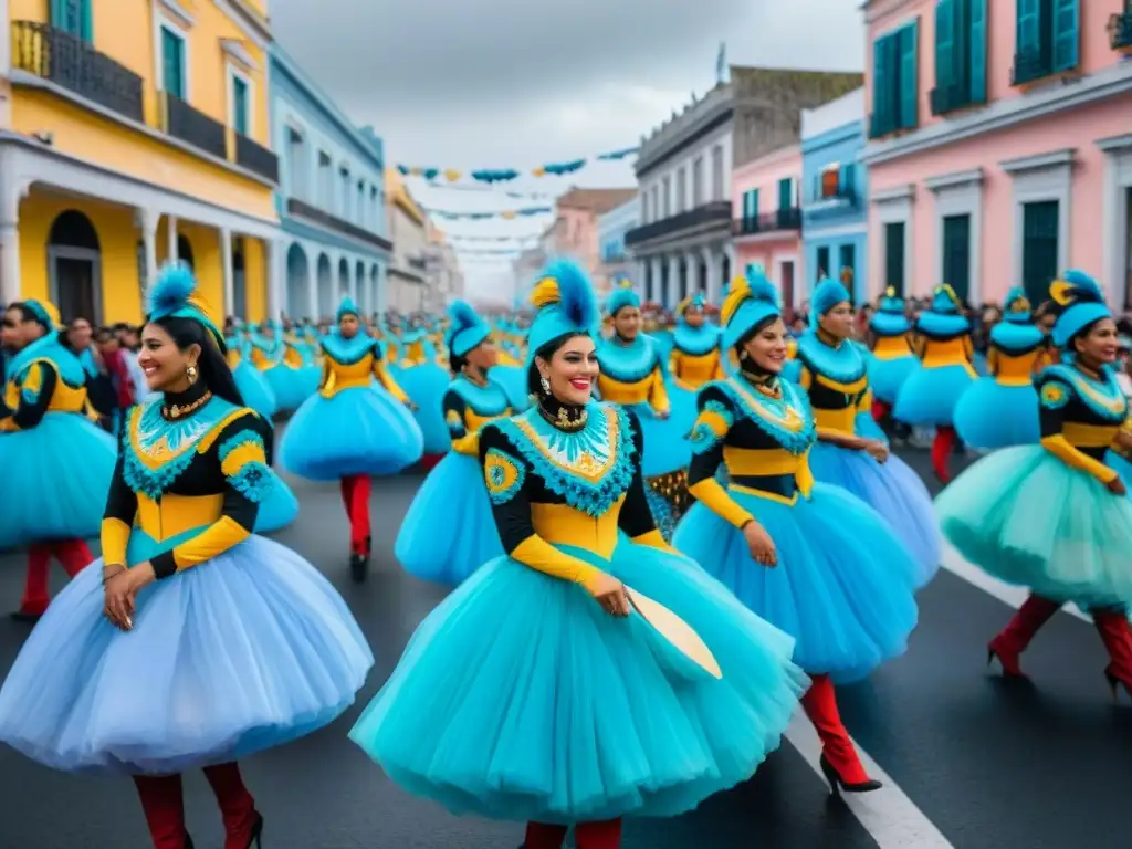 Carnaval en Uruguay: Desfile vibrante y colorido Deslumbrante desfile de Carnaval en Uruguay con coloridos trajes y música tradicional, enmarcado por edificios coloniales festivos