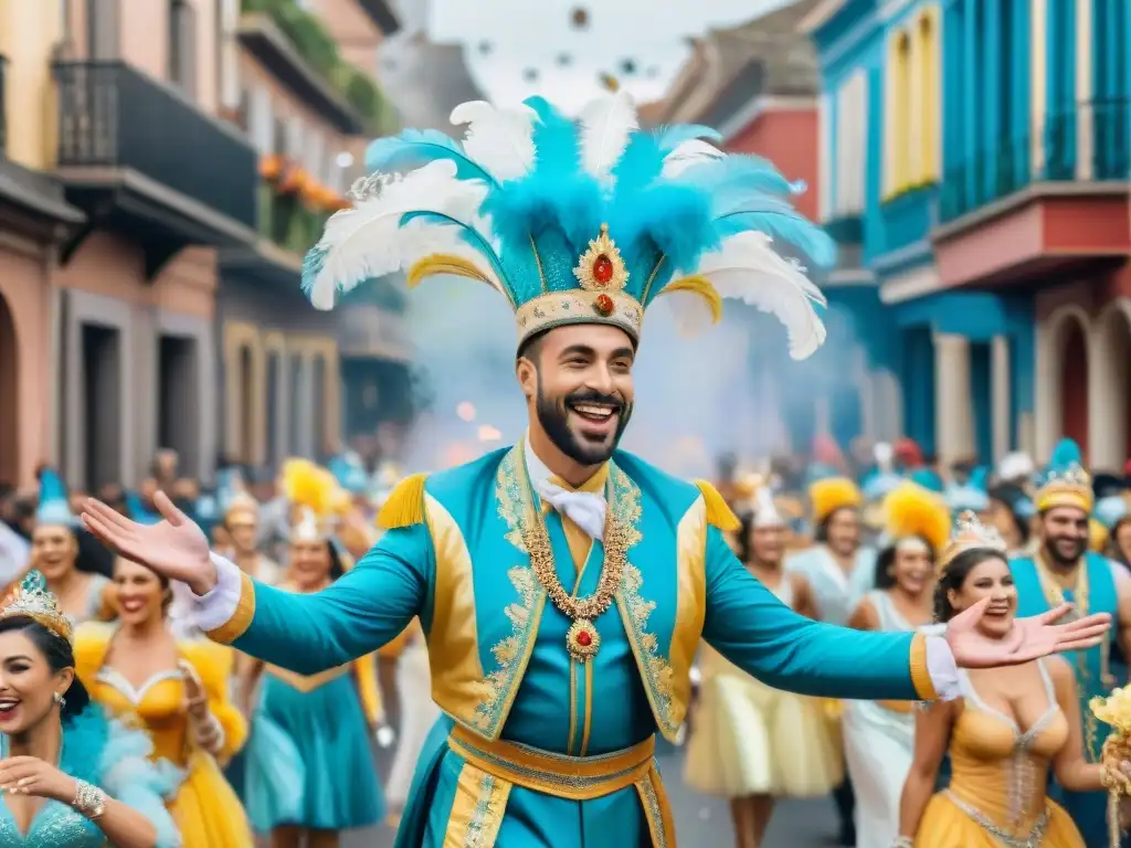 Desfile de Carnaval en Uruguay: Vibrante ilustración acuarela Deslumbrante desfile de carnaval en Uruguay con coloridos carros alegóricos y bailarines en trajes elaborados
