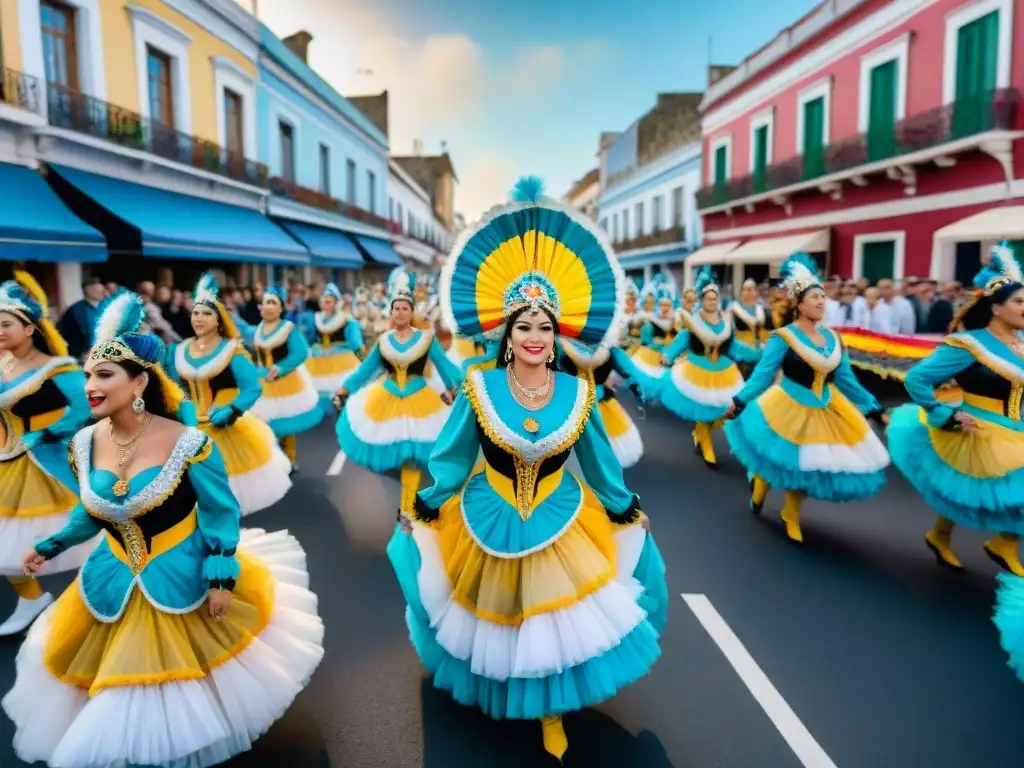 Desfile de Carnaval en Uruguay: color y alegría en las calles Deslumbrante desfile de Carnaval en Uruguay, con coloridos trajes y música animada, ideal para el Marketing para promocionar Carnaval Uruguayo