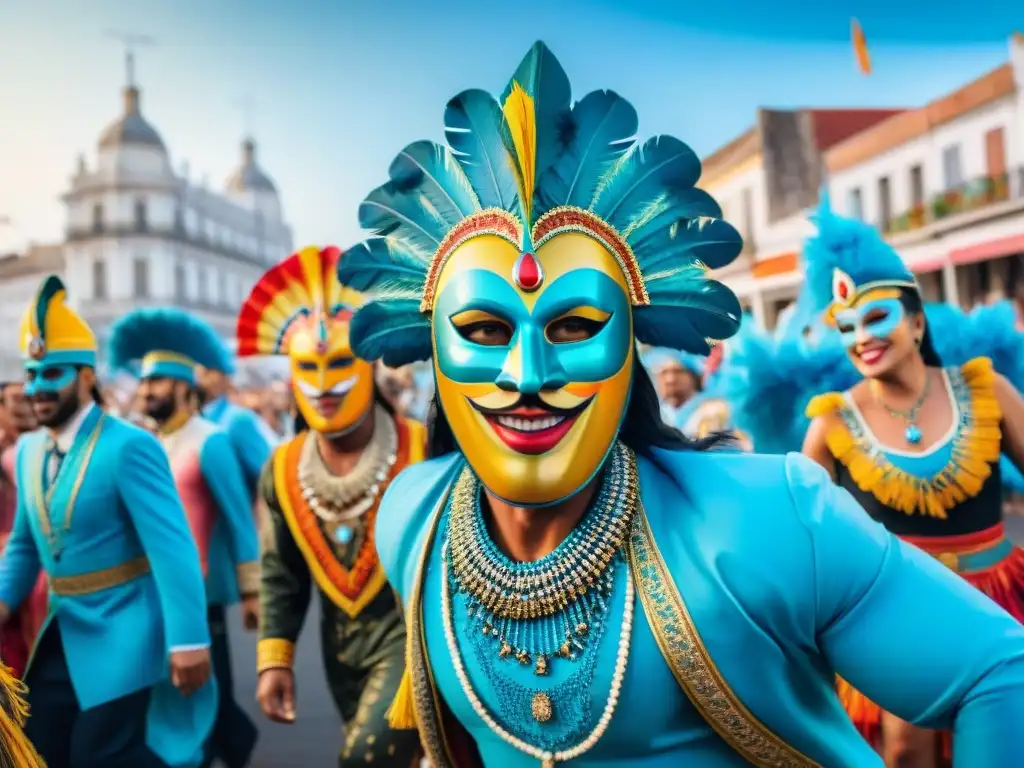 Carnaval en Uruguay: Colorida fiesta de baile y máscaras Deslumbrante desfile de Carnaval en Uruguay con coloridos trajes y máscaras, danzas energéticas y música tradicional