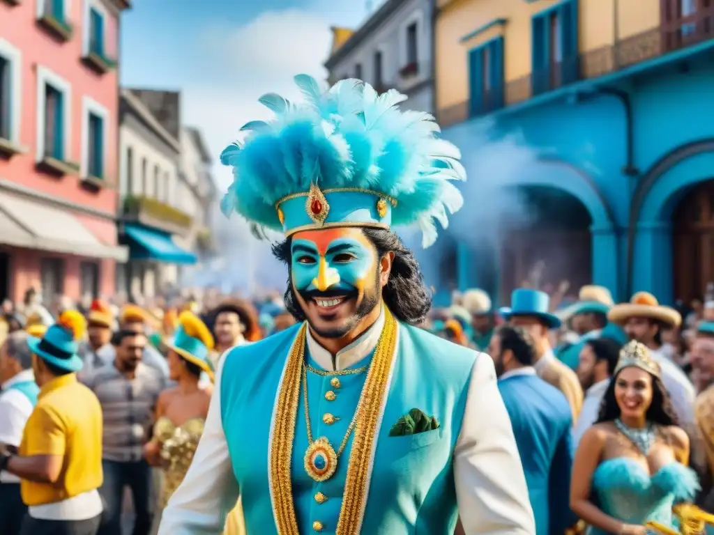 Deslumbrante Carnaval en Uruguay: Colorido desfile y alegría Deslumbrante desfile de Carnaval en Uruguay, con coloridos trajes y carrozas detalladas, reflejando la historia y evolución del Carnaval Uruguayo