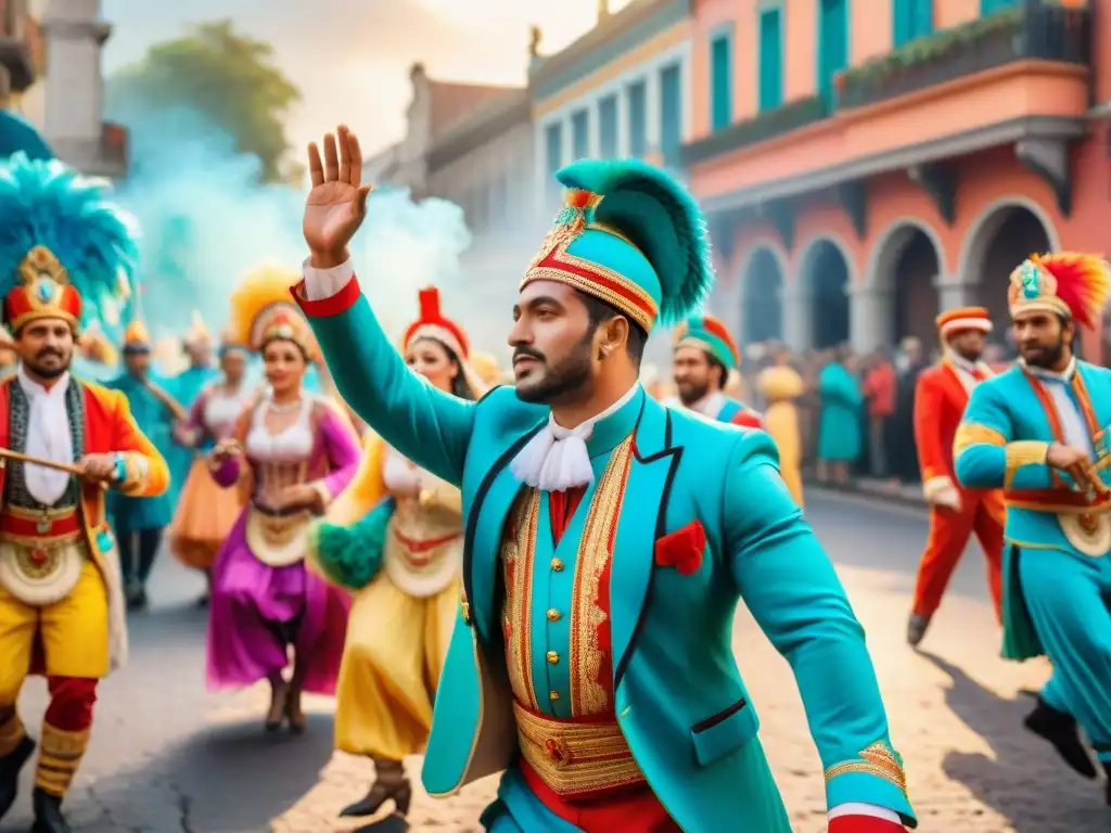 Deslumbrante Carnaval Uruguayo: Explosión de color y alegría Deslumbrante desfile de Carnaval en Uruguay con coloridos trajes y música alegre