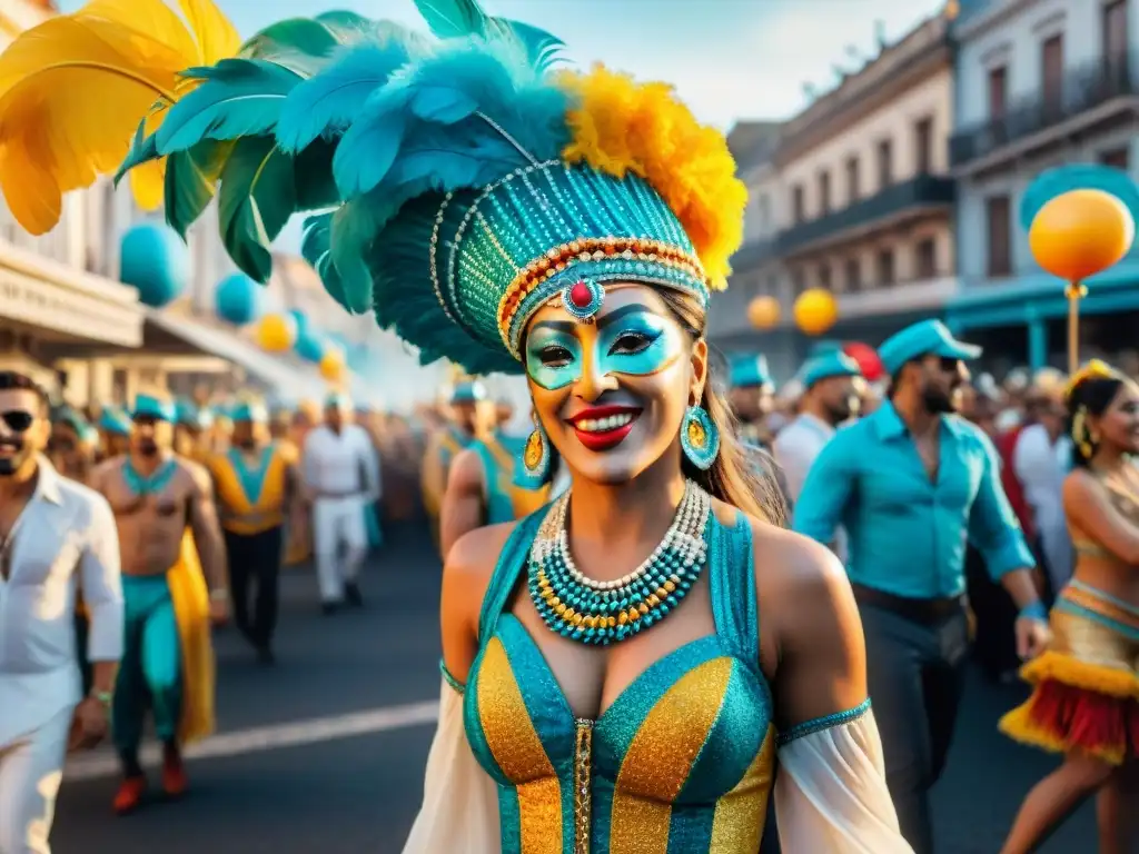Carnaval en Uruguay: Vibrante desfile de colores y alegría Deslumbrante desfile de Carnaval en Uruguay con coloridos trajes, músicos y espectadores, capturando la energía festiva