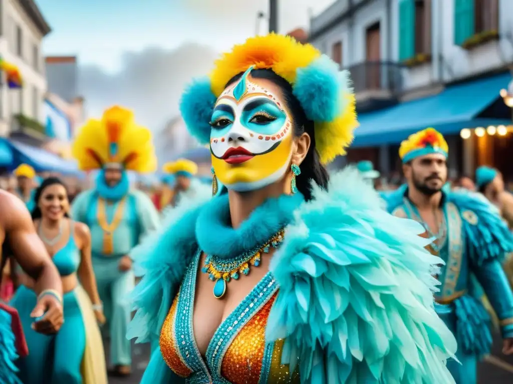 Carnaval vibrante en Uruguay: celebración colorida y comunitaria Deslumbrante desfile de Carnaval en Uruguay, con coloridos trajes y energía festiva, reflejando el impacto social del Carnaval Uruguayo