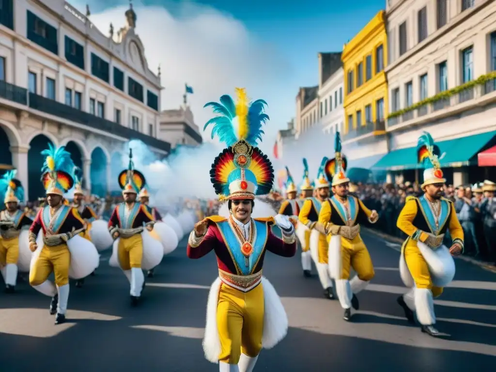 Carnaval vibrante en Uruguay: pintura acuarela Deslumbrante desfile de Carnaval en Uruguay con danzas, músicos y carros coloridos