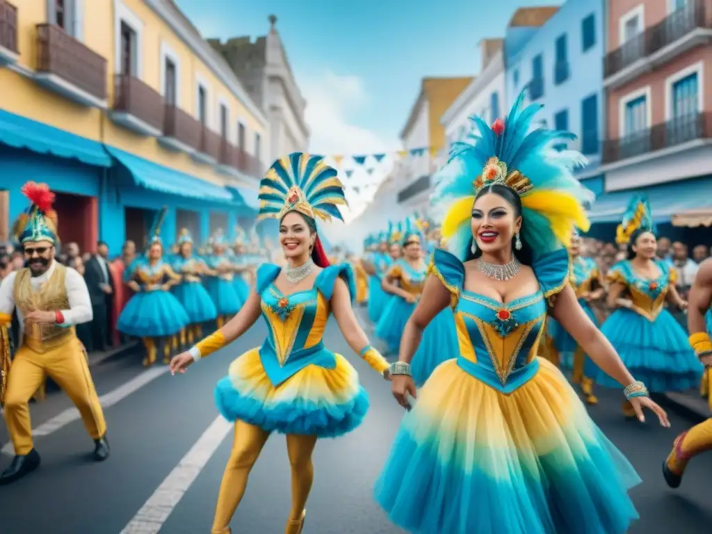 Desfile vibrante del Carnaval en Uruguay: ¡color, música y alegría! Deslumbrante desfile de Carnaval en Uruguay con danzas, música y espectadores animados