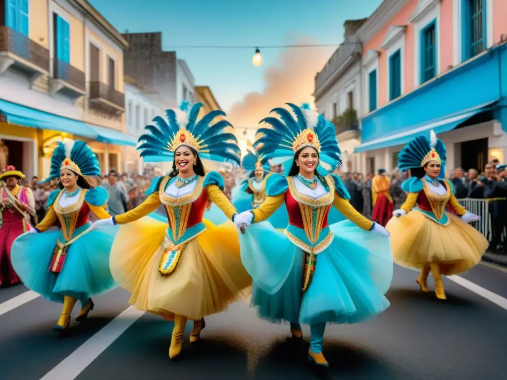 Carnaval en Uruguay: una pintura acuarela vibrante y festiva Deslumbrante desfile de Carnaval en Uruguay con danzas y música tradicional