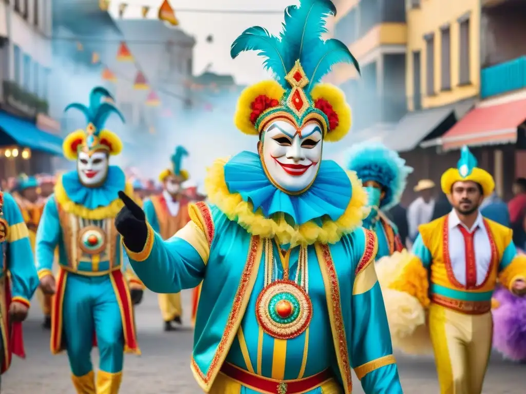 Desfile de Carnaval en Uruguay: Colorida Celebración Festiva Deslumbrante desfile de carnaval en Uruguay con detalles florales, trajes vibrantes y espectadores animados